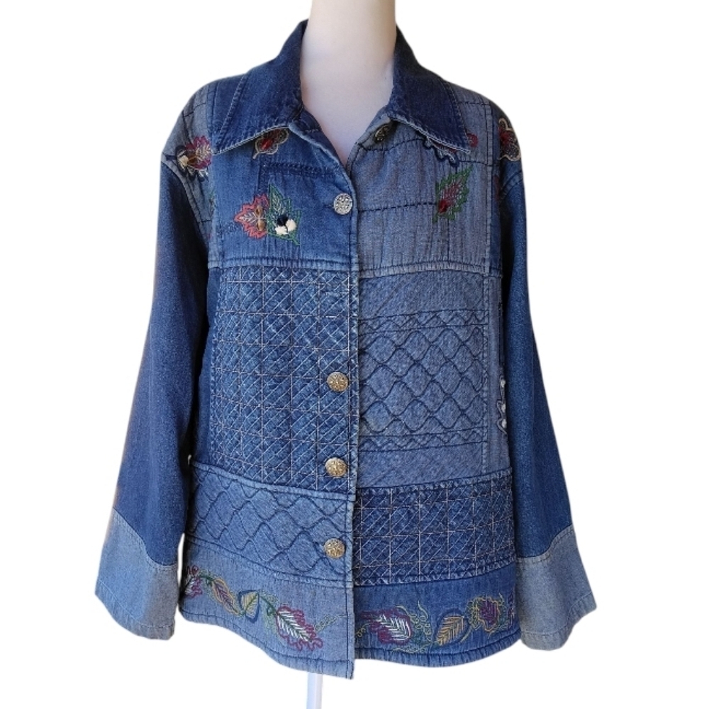 Vintage Keren Hart Cotton Denim Fall Leaf Embroidered Patchwork Jacket Size XL